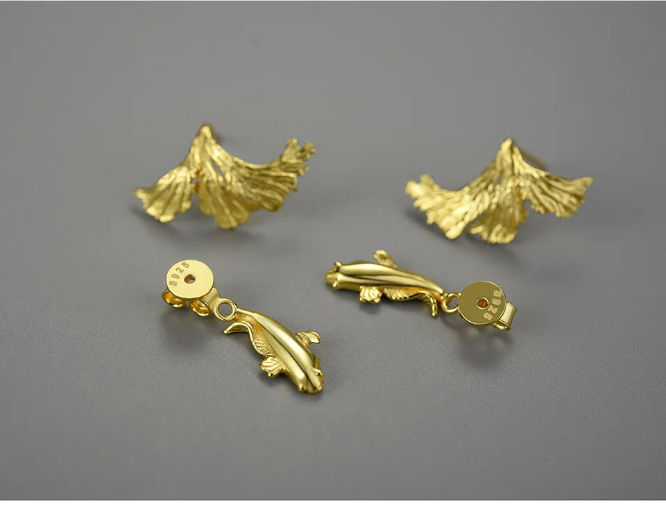 Lotus Fun 18K Gold Unusual Divided Design Fighting Fish Stud Earrings for Women Real 925 Sterling Silver Original Fine Jewelry