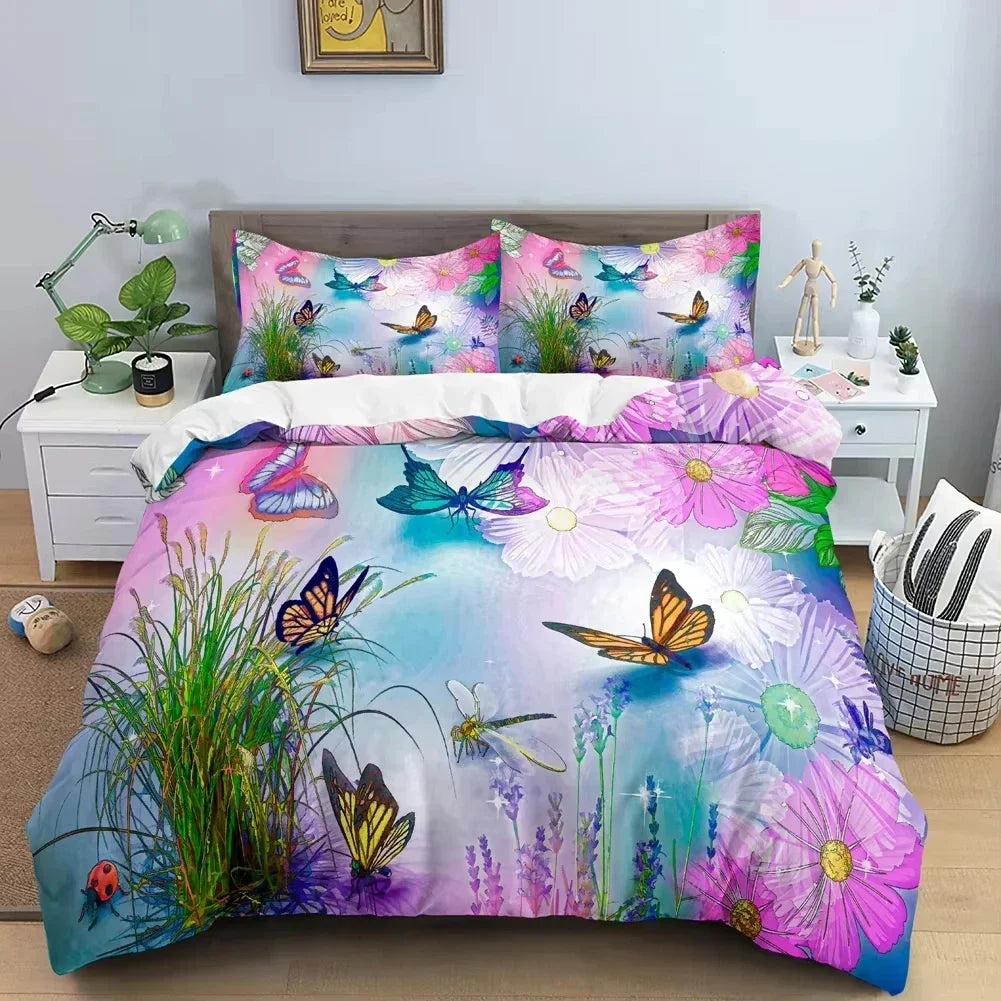 3D Butterfly Flowers Duvet Cover Luxury Home Bedding Set 3 Piece Set with 2 Pillowcases Zipper Family Colleague Christmas Gift