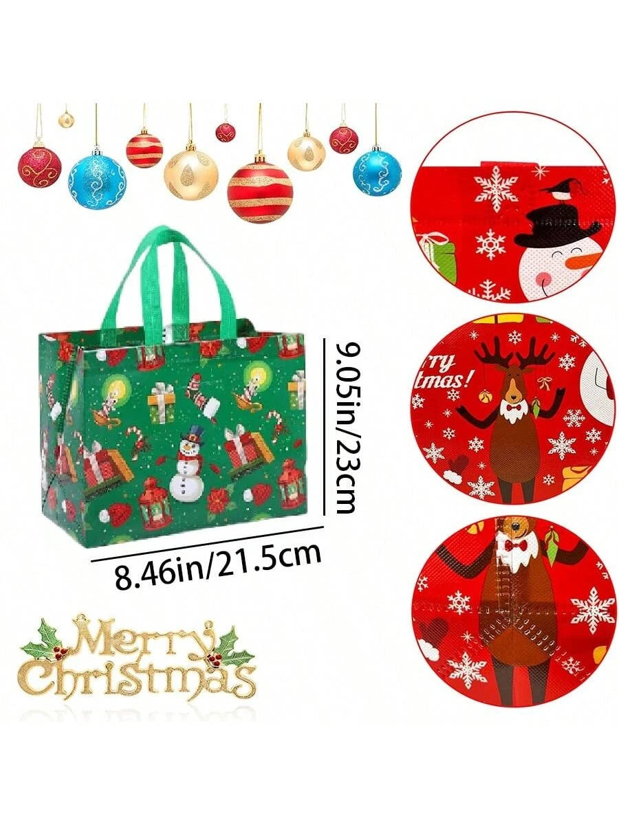 4/6PCS Large Capacity Christmas Tote Bag Portable Folding Reusable Christmas Gift Packaging Bag Foil Stamping Xmas Non-Woven Bag