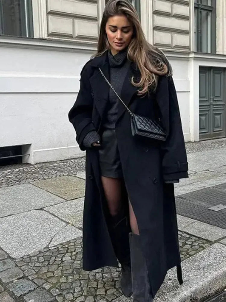 Elegant Woolen Long Coats Women Double-breasted Turn-down Collar Full Sleeves Jackets 2025 Autumn Winter Fashion Outwears Lady