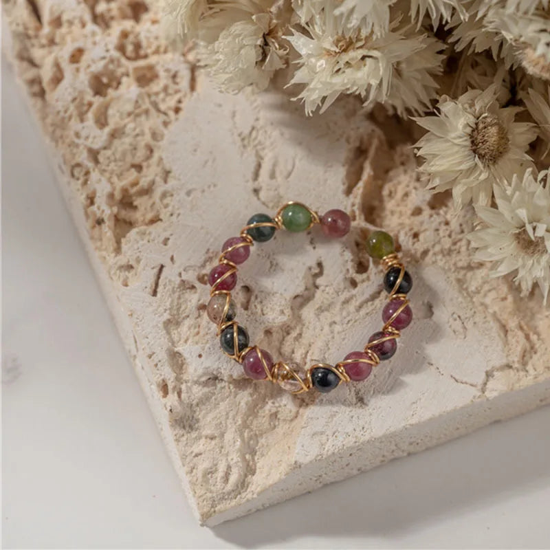 Natural Stone Rainbow Tourmaline Ring Fashion Retro Handmade Metal Wire Winding Beaded Open Adjustable Ring Female Charm Jewelry