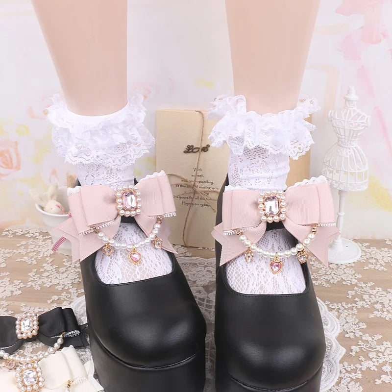 Jirai Kei Style Mine Lace Splicing Bow Shoes Accessories Lolita Beaded Heart Rhinestone Bow Shoe Clip Mary Janes Buckle
