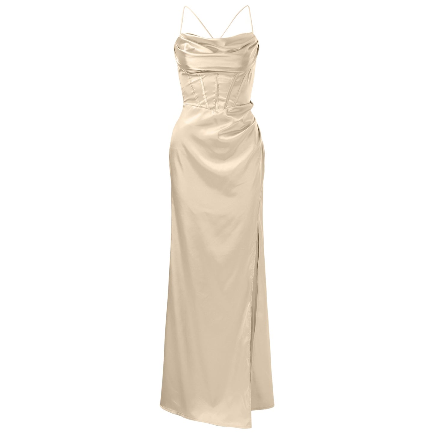 Women Sexy Satin Corset Maxi Dress Silky Strap Push Up Fishbone Ruched Evening Party Long Dresses Chic Elegant A-Line Dress