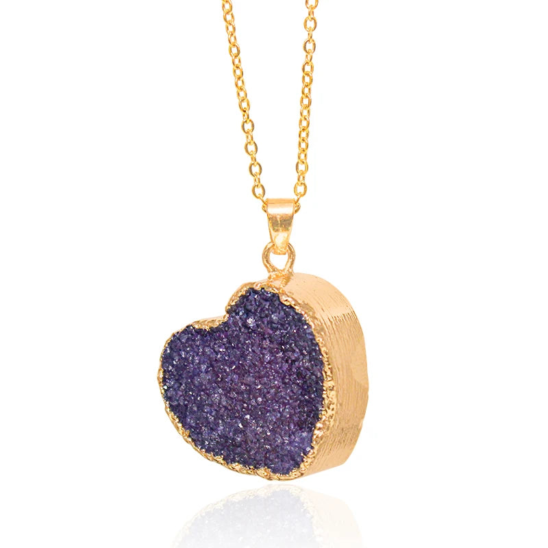 Heart Shaped Druzy Quartz Stone Necklace for Women Raw Crystal Cluster Reiki Healing Pendant Jewelry