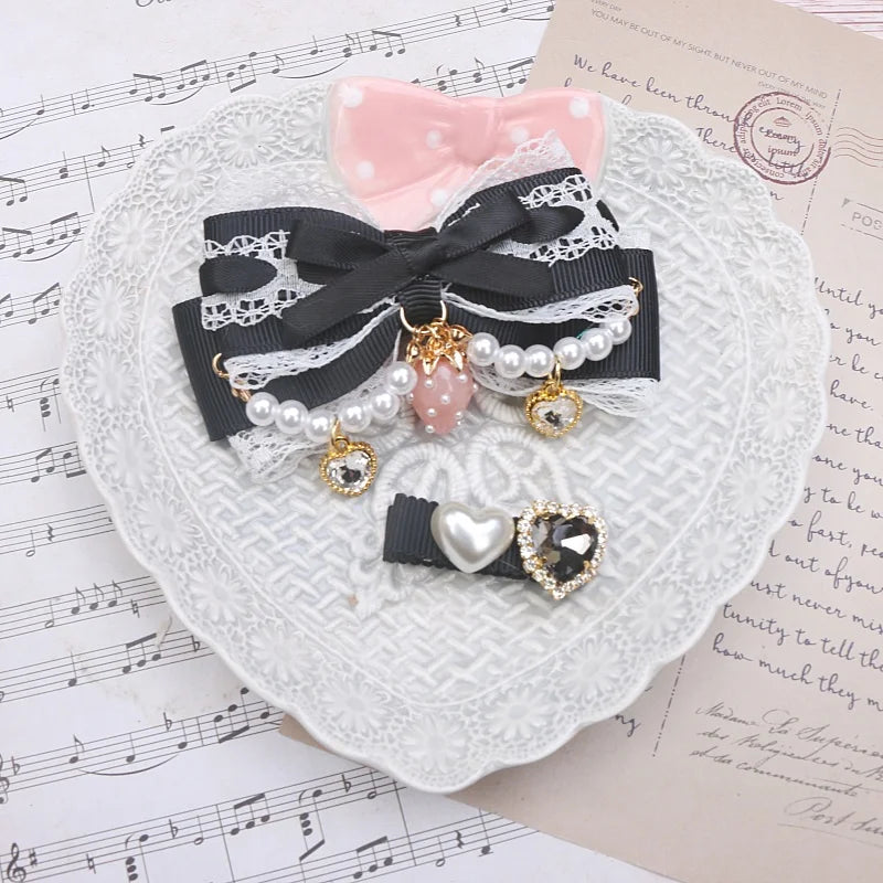 Larme Kei Lace Hair Clips Sweet Girl's Beaded Bow Heart Rhinestone Hair Bows Lolita Strawberry Hair Accessories Gift