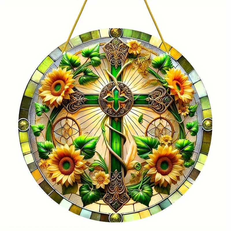 Flower Suncatcher, Stained Window Hanging, Acrylic Sign, Winter Decor, Round Sign, Wreath Sign, Wreath Center, Christmas Gift