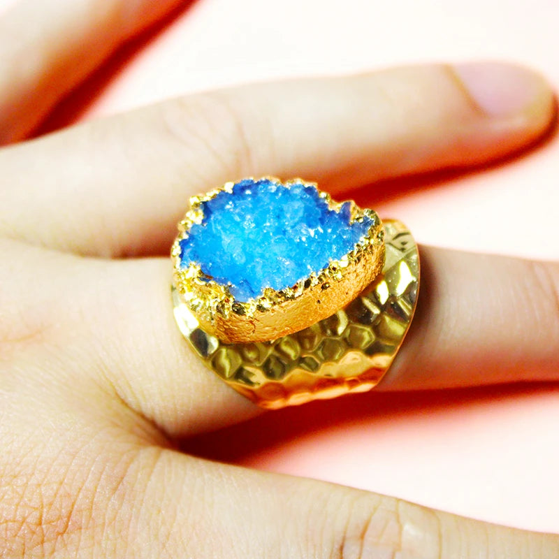 Elegant Crystal  Irregular Raw Druzy Stone Ring Gold Plated Boho Wide Open Finger Jewelry for Women Men Party Wedding