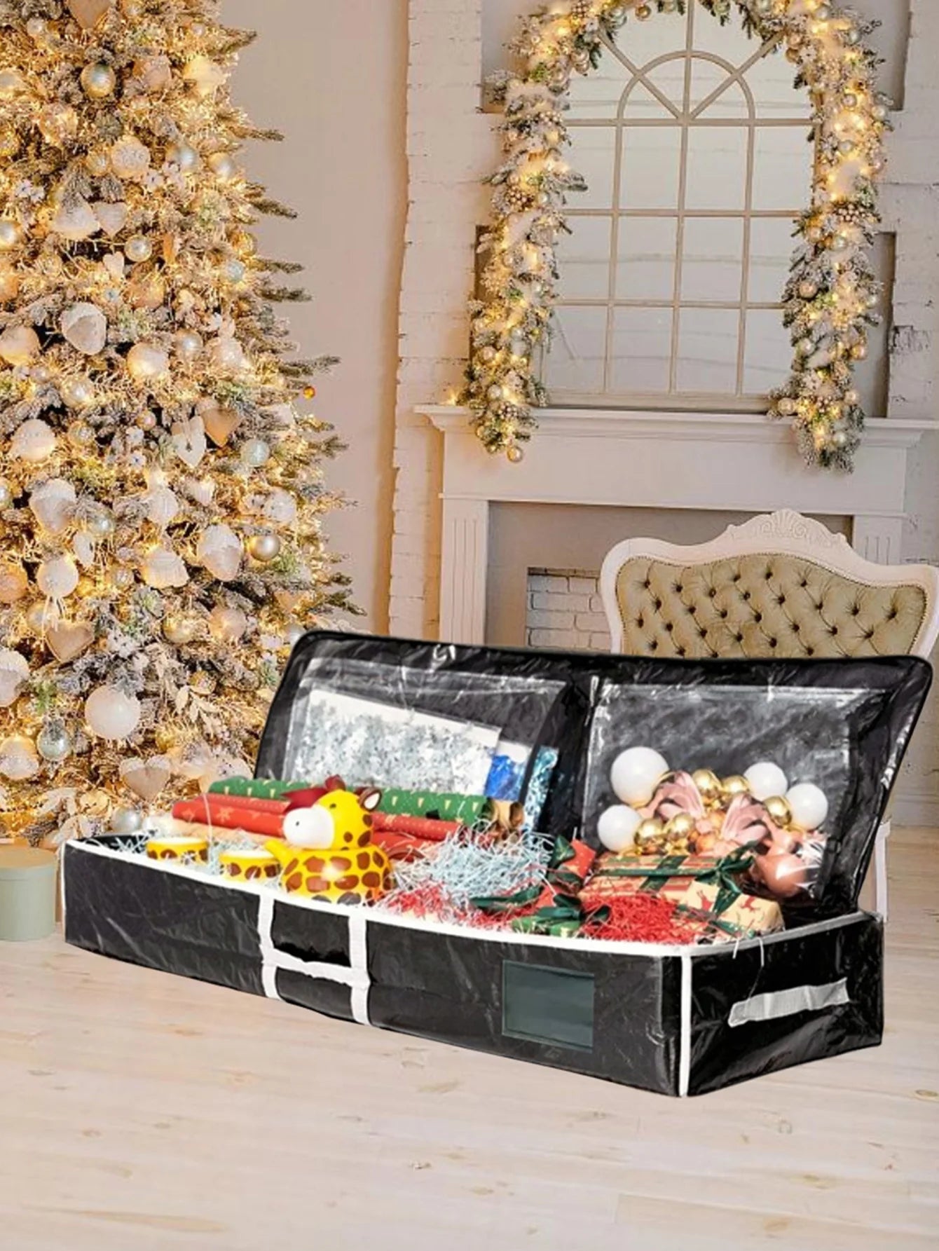 Christmas Gift Wrap Storage Bag Wrapping Paper ContainersUnderbed Storage Organizer with Reinforced Handles Christmas Decoration