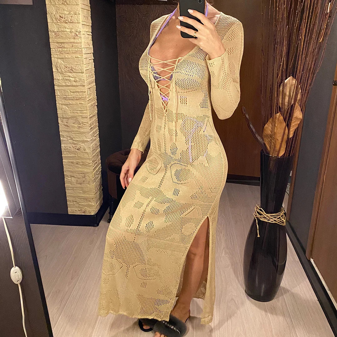Deep V Dress Lace Up Long Sleeve Women Split Maxi Dress Crochet Knitted Tunic Mesh Sheer Sexy Bodycon Long Dress Vestido V4146B