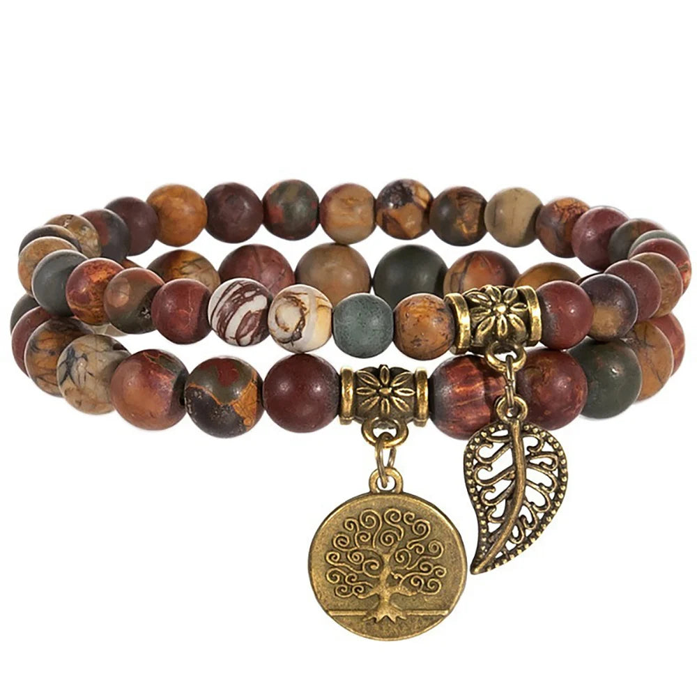 Natural Semi Precious Gemstone Beads Bracelet for Women Life Tree and Leaf Charm Energy Reiki Crystal Stretch Bracelets Jewelry
