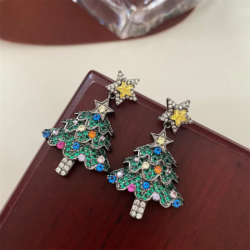 Shiny Pink Colorful Christmas Tree Zircon Crystal Earrings For Women Star Silver Color Stud Dangle Jewelry Xmas Party Gift