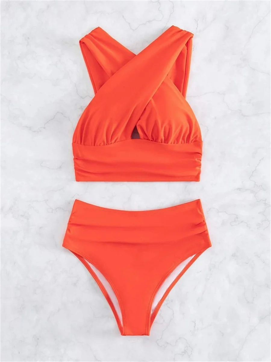 Sexy Black Blue Bikinis Sets Women Halter Cross Hollow Out Push Up High Waist Swimsuit 2025 Bathing Suit Two Piece Swimwear