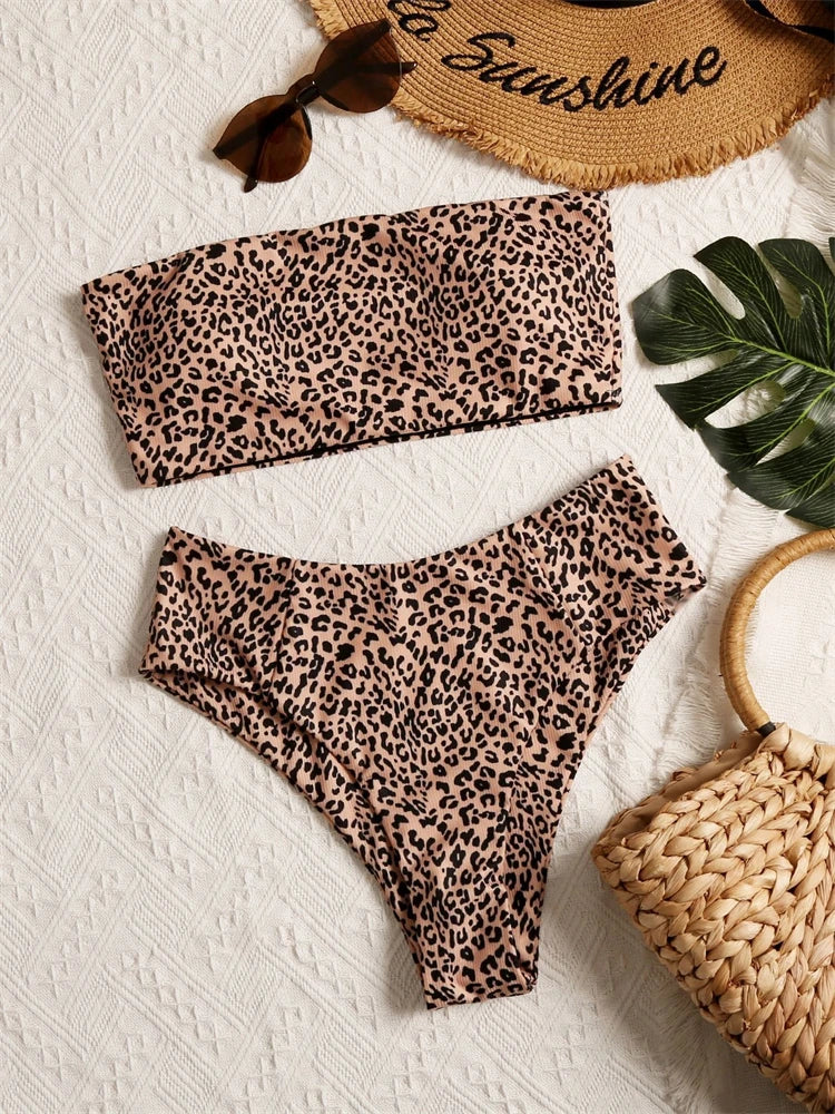 Bikini Women Swimsuit 2025 New Bikinis Set Leopard Bandeau Swimwear Summer Sexy High Waist Two Piece Beach Bathing Suit Female