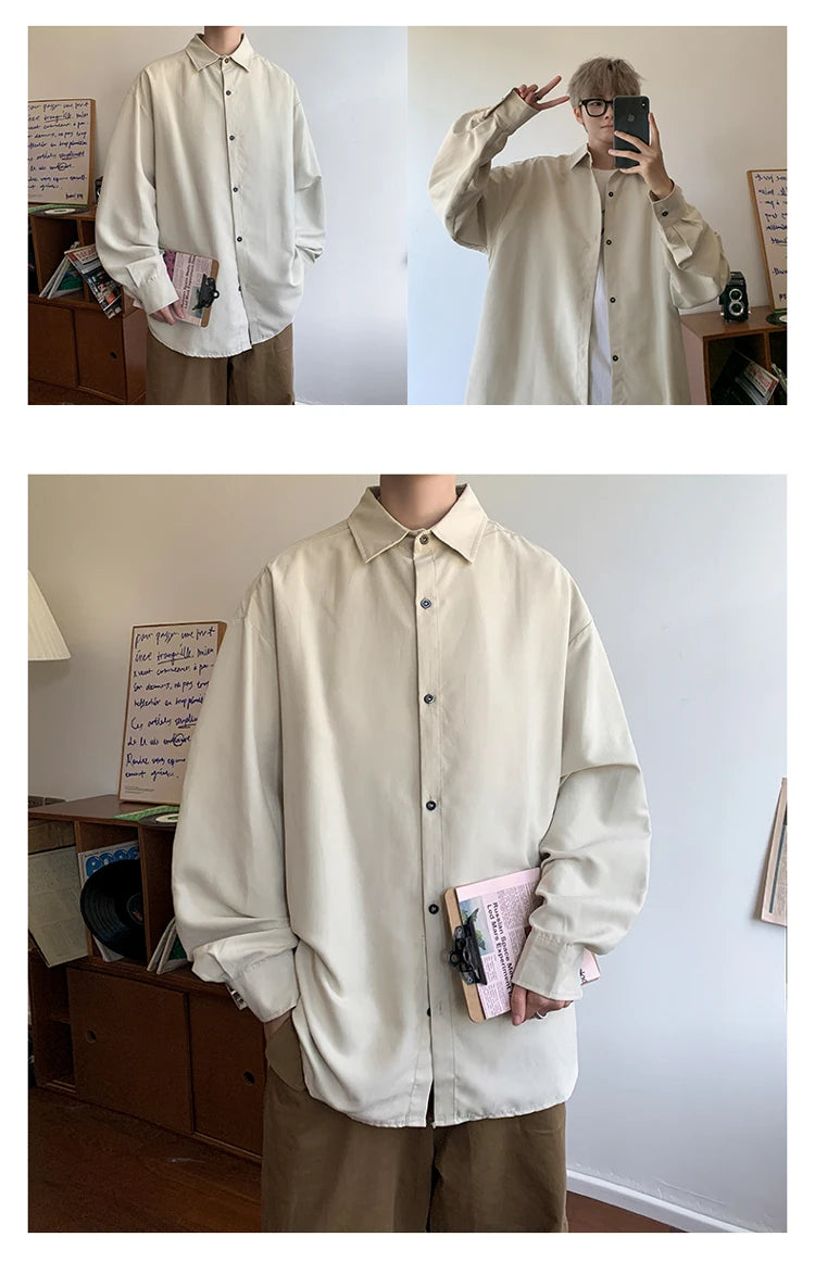 Shirt Men Solid Long Sleeved Shirt For Men Korean Fashion Shirts Baggy Business Casual Single Breasted Shirt Harajuku Oversized