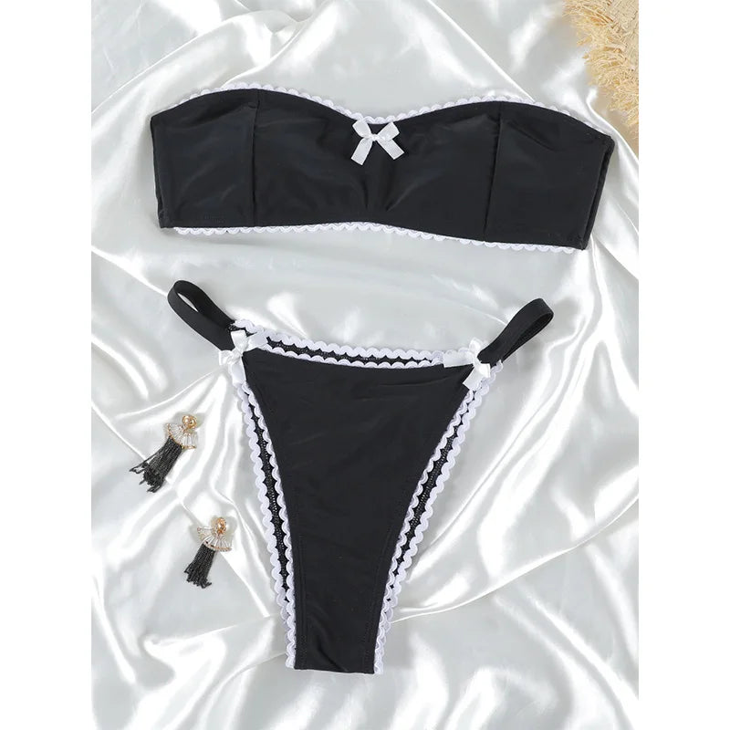 Solid Bikini Set Bow Swimsuit Sexy Swimwear Women Low Waist Bikinis Off Shoulder Swimsuits Two Piece Suit Biuqini Beach Wear