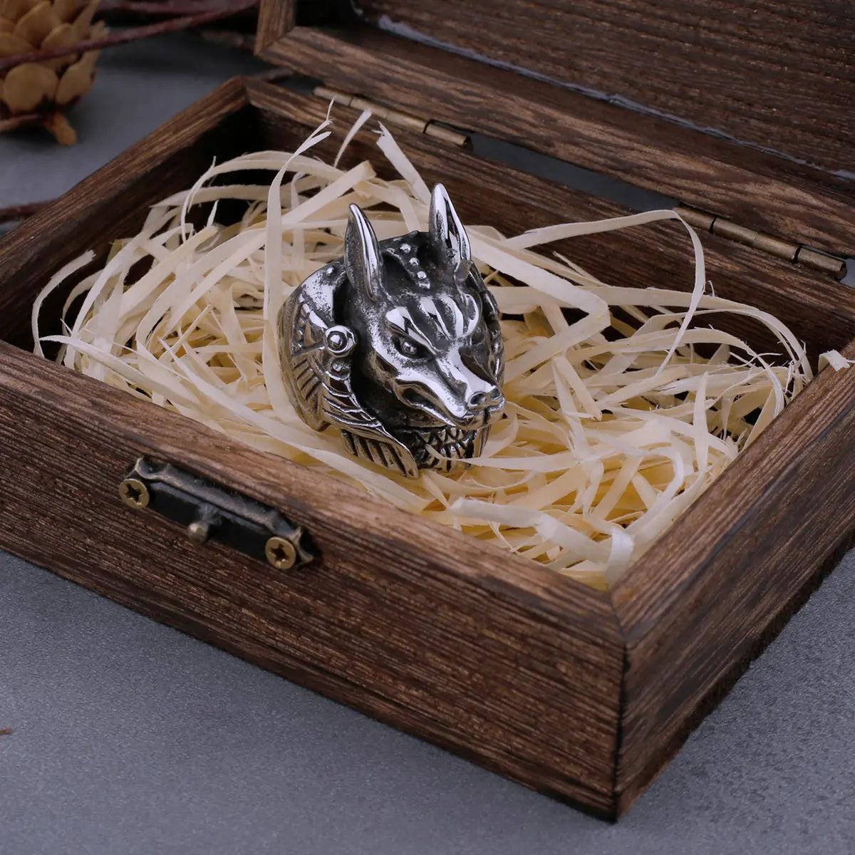 Stainless Steel Vintage Egyptian God Anubis Ring For Men Egyptian Mythology Hip Hop Fashion Biker Ring Animal Jewelry Wooden Box