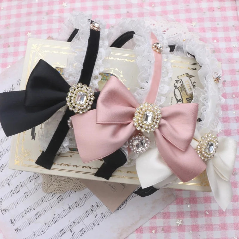 Sweet Hair Accessories Bow Head Band for Women Kawaii Lolita Diamond Bowknot Ruffles Hairbands Soft Girl Headwear