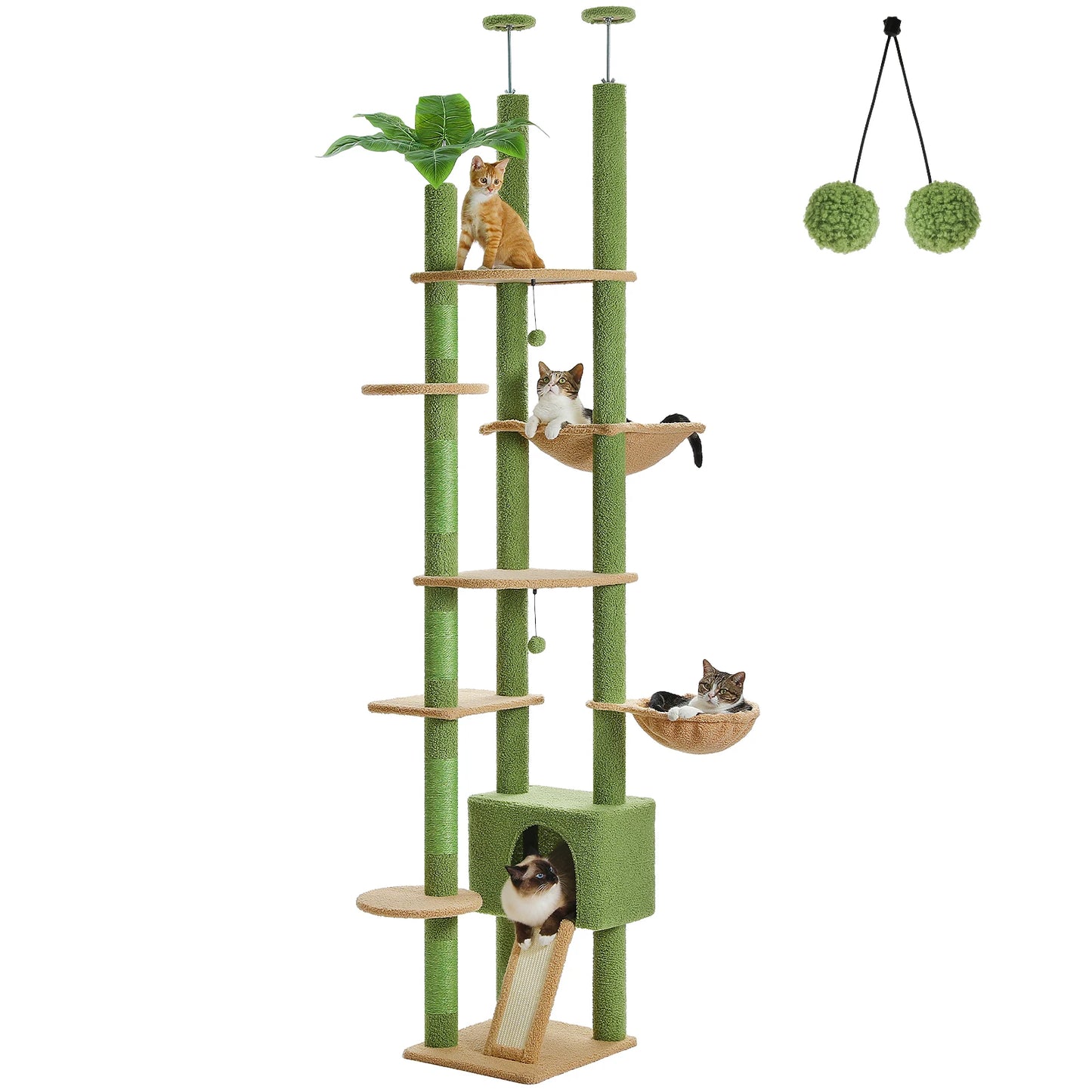 Cactus Cat Tree Floor to Ceiling Cat Tower Adjustable Height with Cat Condo Cozy Hammock and Scratching Post Tall Activity Tree