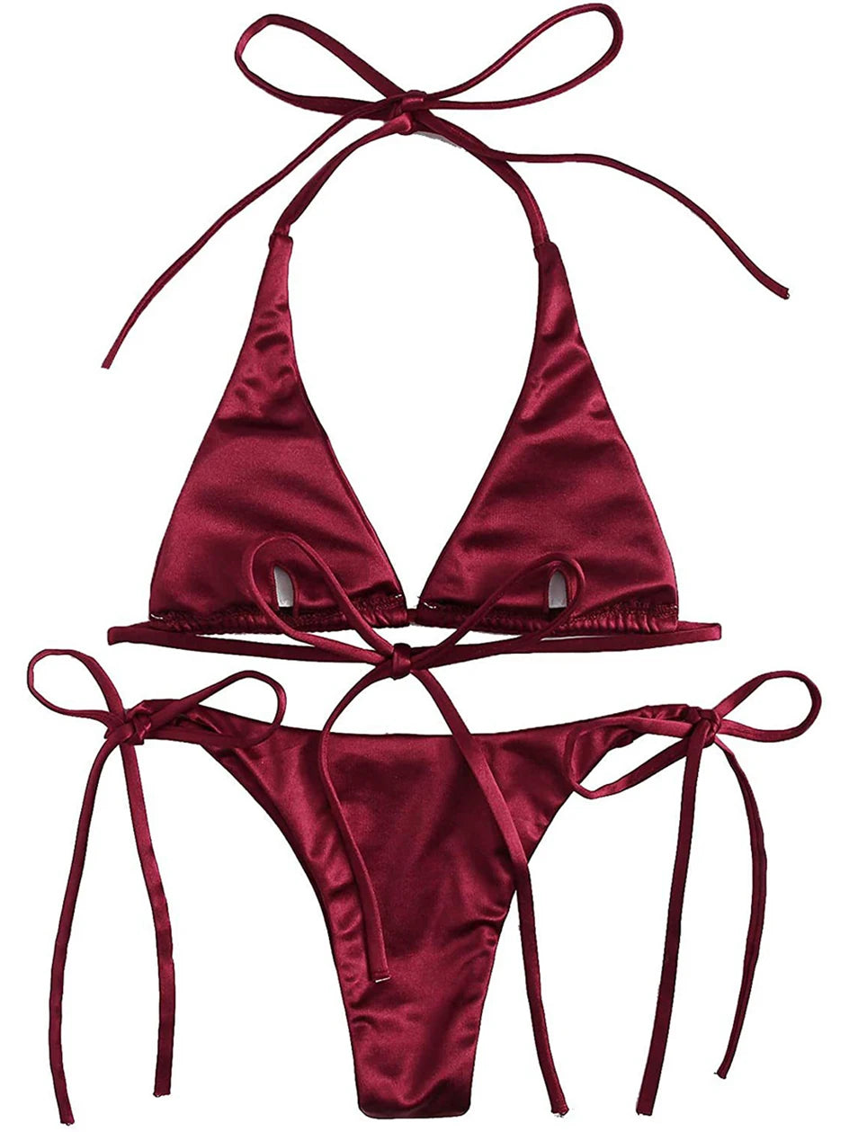 Metallic Halter Triangle Bikini 2023 Swimsuit Women Swimwear Female Bathing Suits Brazilian Thong Micro Bikinis Set Beach Wear