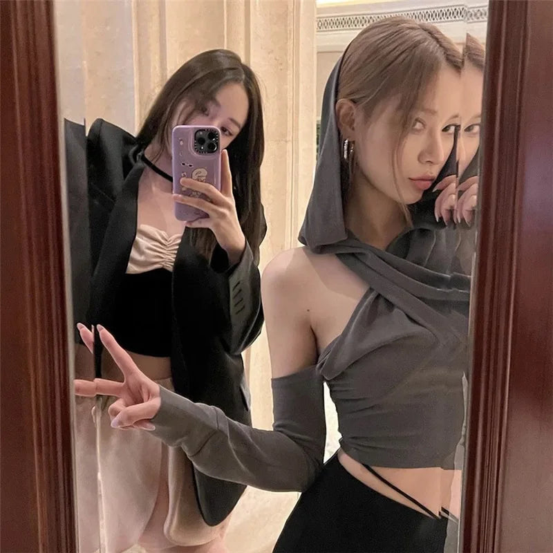 2025 Summer Fashion Tee Shirts Femme Solid Slim Y2k Aesthetic Streetwear Tshirts Off Shoulder Hooded Long Sleeve Women T-shirts