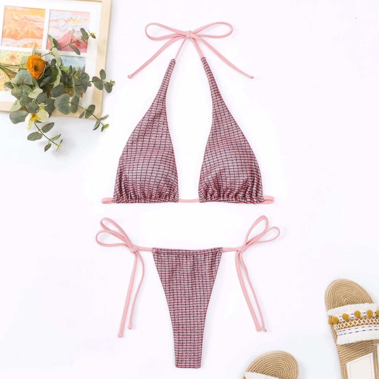 Sexy Golden String Bikini 2024 Women Swimsuit Female Swimwear Thong Halter Bikinis Set Brazilian Beach Bathing Suit Biquini