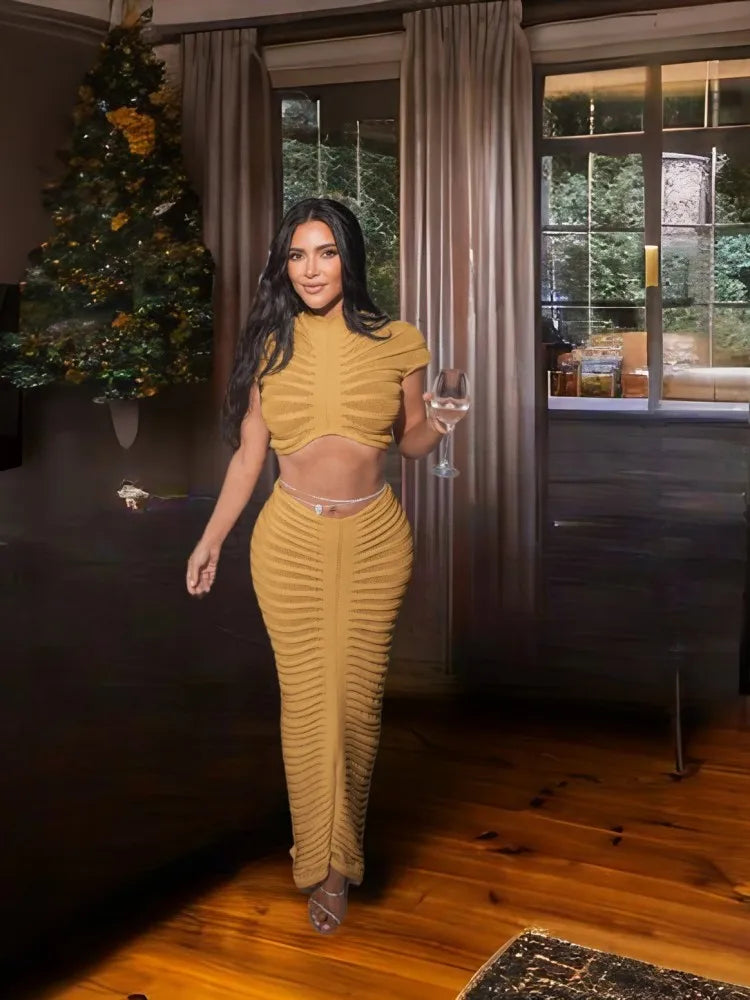 JRRY Sexy Women Knitted Set Crop Top Long Skirt Crochet Two Pieces Set Hollow Out Crocheted Beach Dress Set Cover Ups