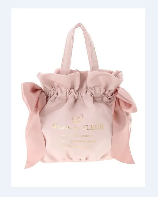 Japanese Style New Double-Sided Drawstring Bags Sweet Cute Girl Ladies Satin Bow Crossbody Shoulder Portable Handbag