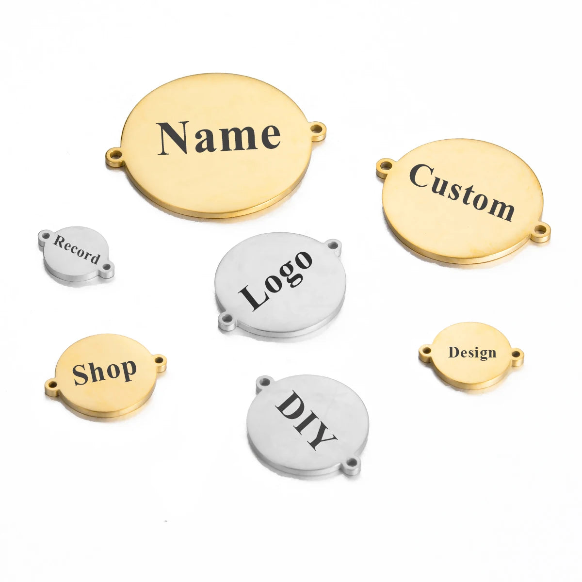 10mm-30mm 10pcs/lot Stainless Steel Round Logo Name Charms Disc Pendant Connectors Two Hole Personalized for Jewelry Making DIY