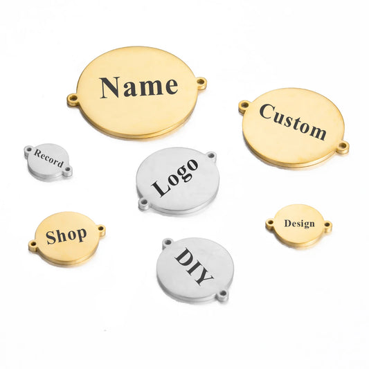 10mm-30mm 10pcs/lot Stainless Steel Round Logo Name Charms Disc Pendant Connectors Two Hole Personalized for Jewelry Making DIY