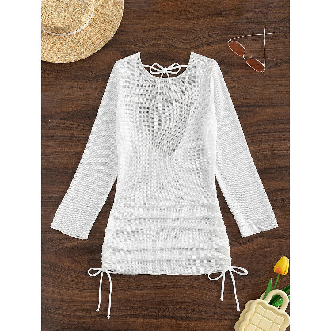 S - XL Long Sleeve Backless Crochet Knitted Tunic Beach Cover Up Cover-ups Beach Dress Beach Wear Beachwear Female Women V5038