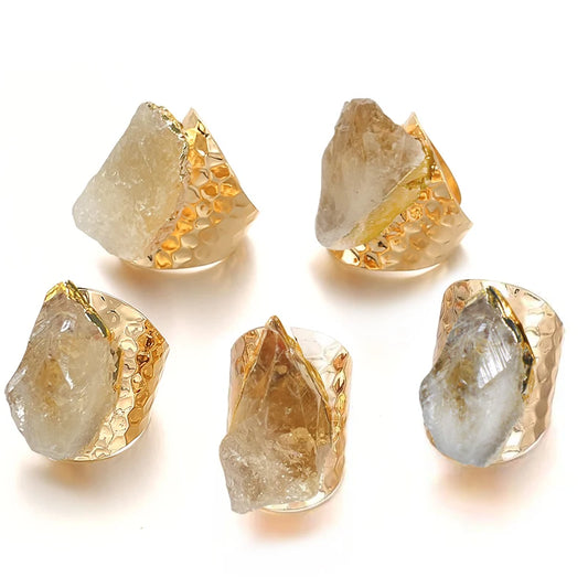 Irregular Raw Citrine Wide Open Rings for Women Gold-color Genuine Stone Adjustable Finger Jewelry