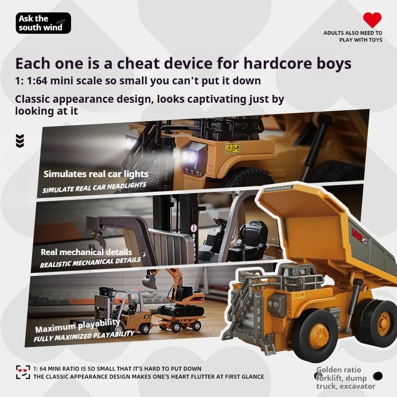 1/64 RC Car Alloy Mini RC Forklift Engineering Vehicle 2.4G Full Scale Mobile Phone RC Excavator Dumper Christmas Gift In stock