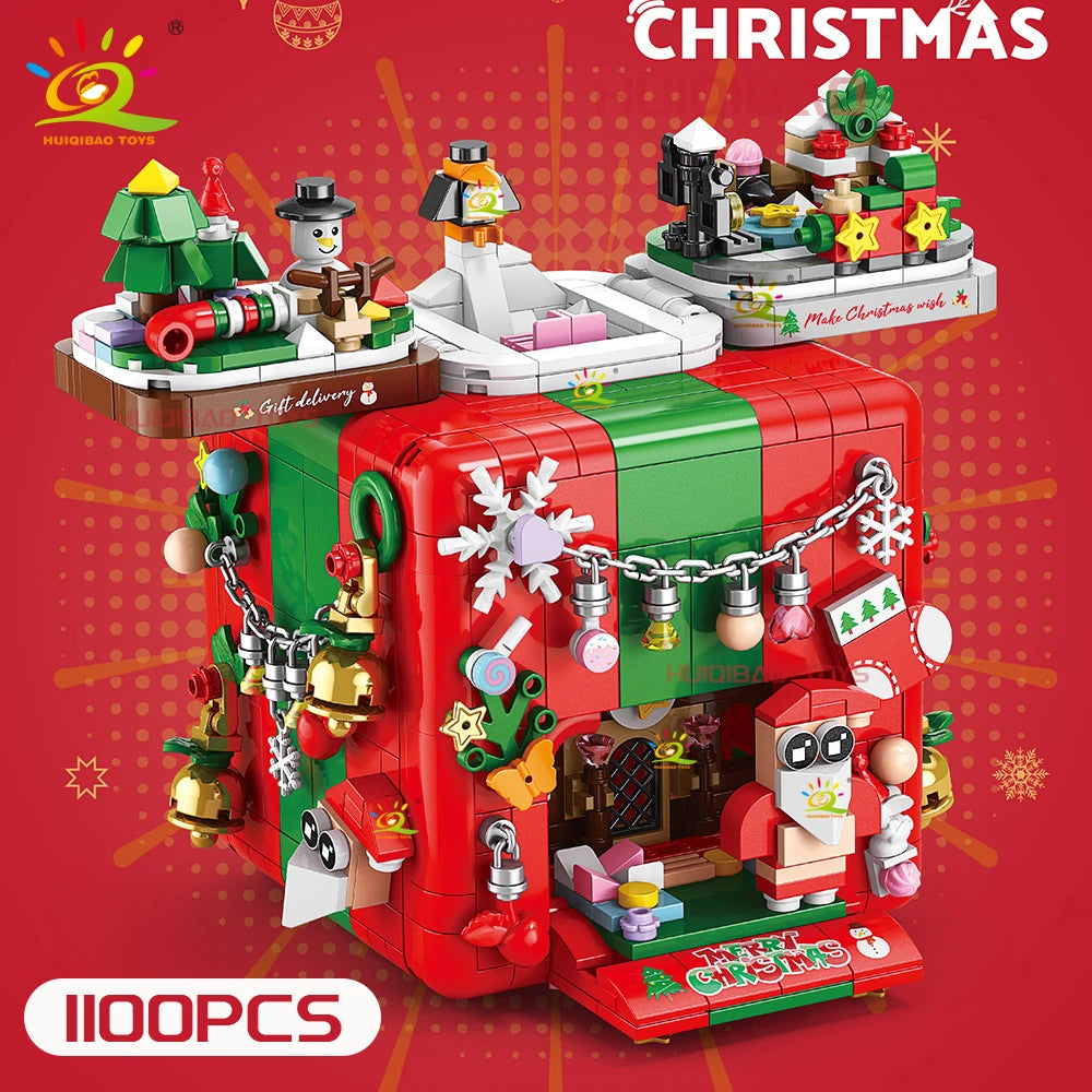 HUIQIBAO Christmas Gift Surprise Mechanism Box Model Building Block DIY Elk Snowman Bricks Ornament Toys for Children Adult