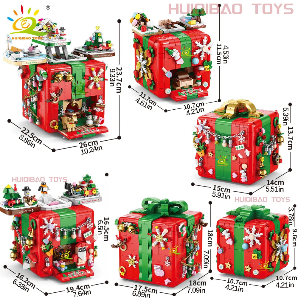 HUIQIBAO Christmas Gift Surprise Mechanism Box Model Building Block DIY Elk Snowman Bricks Ornament Toys for Children Adult