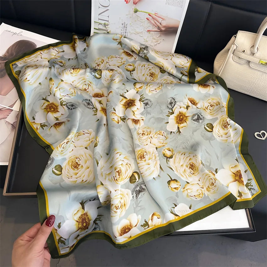 Imitated Silk Headcloth Fashion Flower Print Square Shawls Popular 70X70cm Bandanna Kerchief Sun Protection Silk Scarves Tie Bag