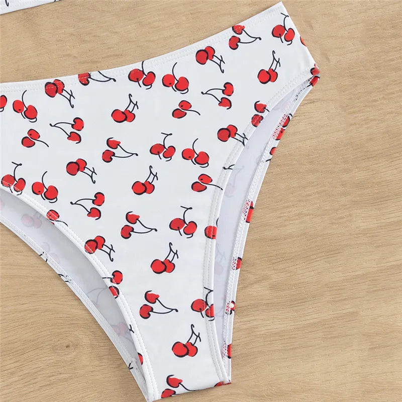 Sexy Cherry Print Swimsuits Women Push Up Bikinis Sets High Waist Swimwear Knotted Straps Bathing Suit Bathers Bikini 2024 Mujer