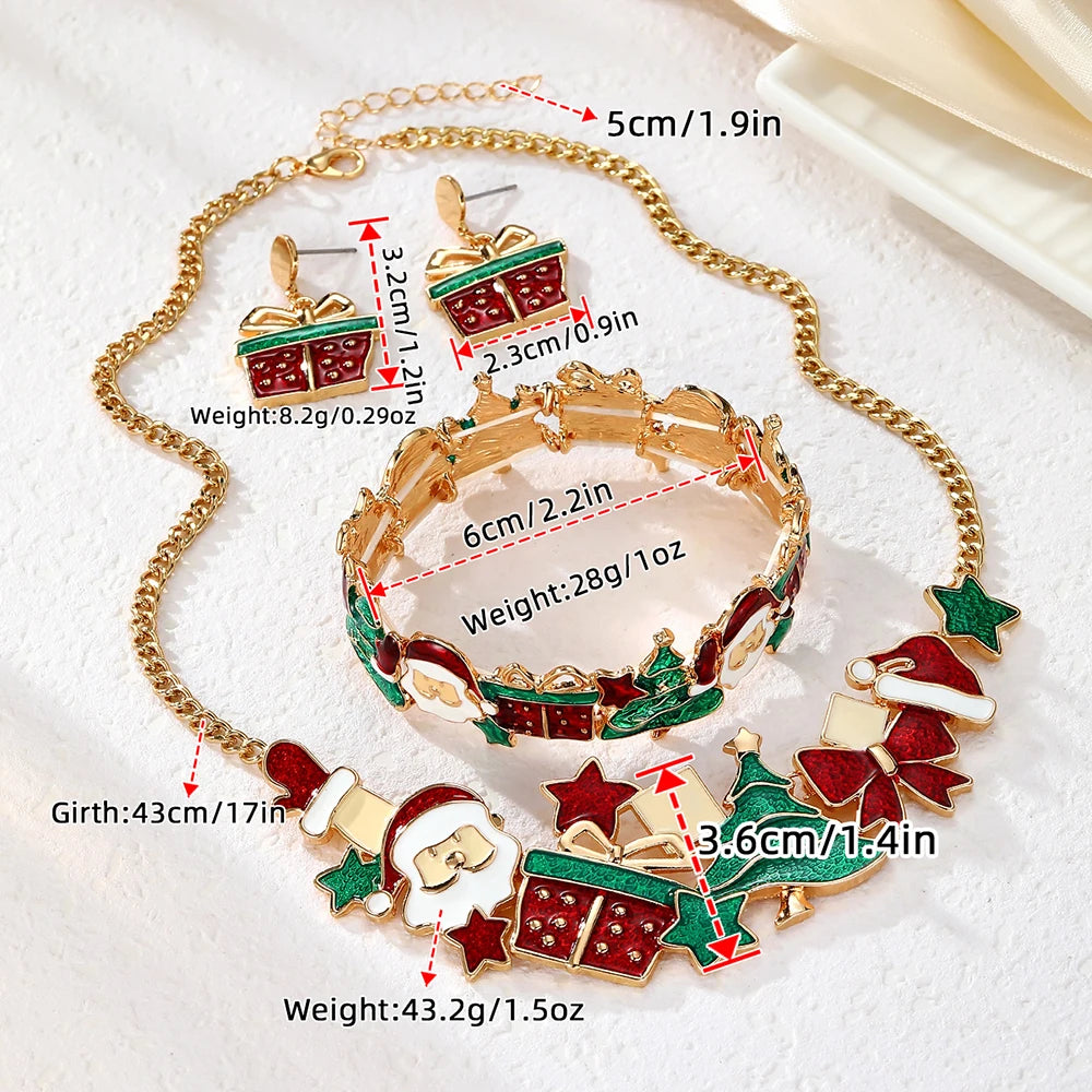 Christmas Gift Santa Claus Christmas Tree Necklace Cute Elastic Bracelet Stainless Steel Ear Pin Alloy Drop Glaze Earring Set