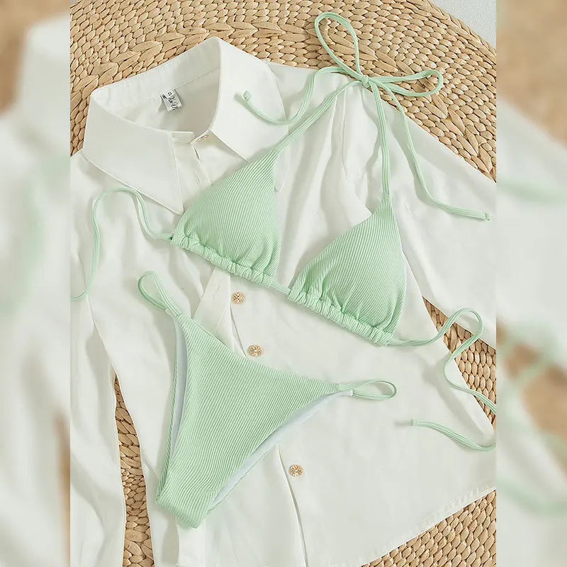 11 Colors Women Sexy Simple Solid Halter Bikini Swimsuit High Waisted Lace Up Beach Bathing Suit Special Pit Stripe Fabric 2024