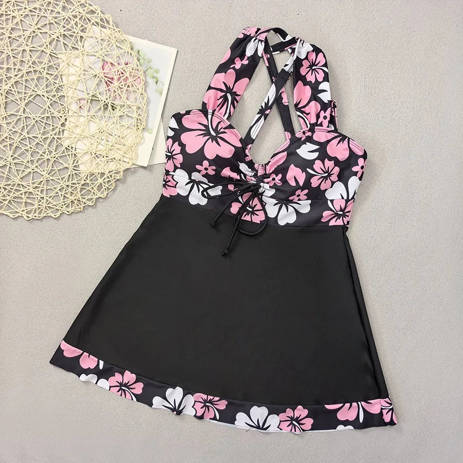 Black Flower Print Tankini Swimwear Woman Bikinis Sets 2025 Sexy Halter Swimsuit Bottoms Beach Wear Bathing Suit Bikini Donna