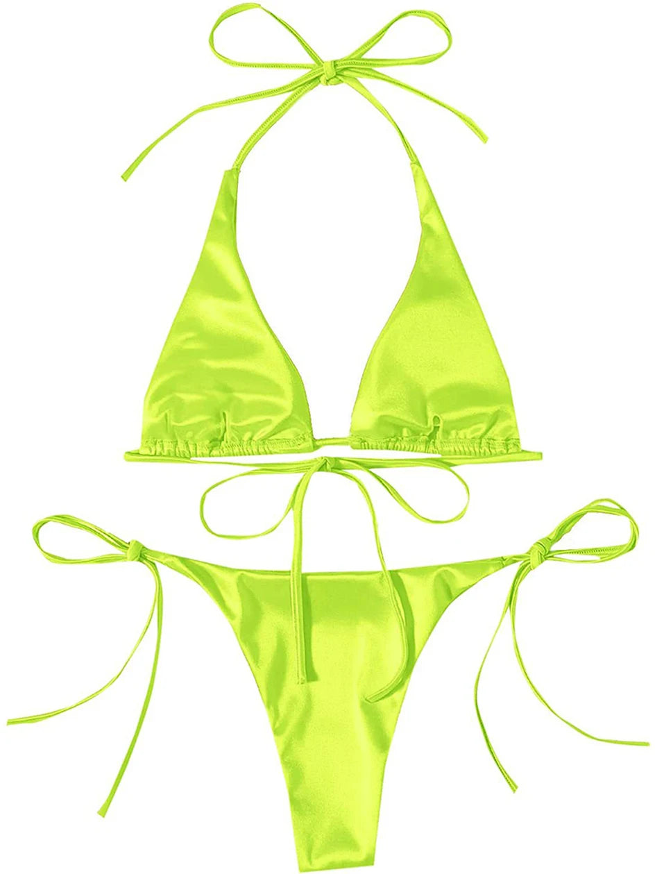 Metallic Halter Triangle Bikini 2023 Swimsuit Women Swimwear Female Bathing Suits Brazilian Thong Micro Bikinis Set Beach Wear