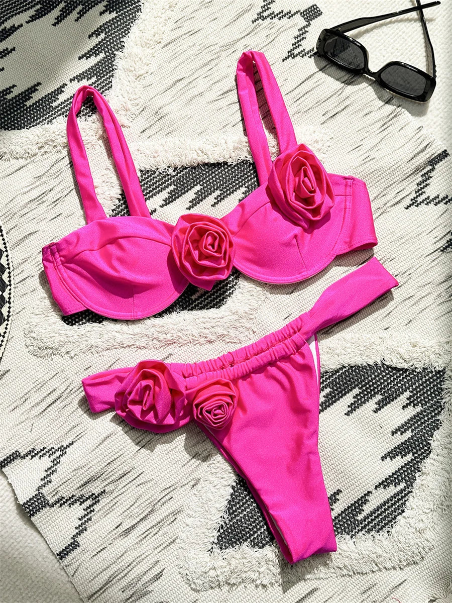 Push Up Bikinis 2024 Sexy Black 3D Flower Designer Bikini Sets Underwire Swimsuit Women Brazilian Bathing Suit Thong Swimwear