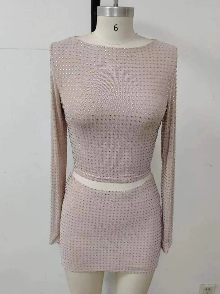 Sexy Diamonds Two-Pieces Set Women Sparkling Crystal  Long Sleeves Top + Mini Slim Skirts Suits Evening Nightclub Party Sets
