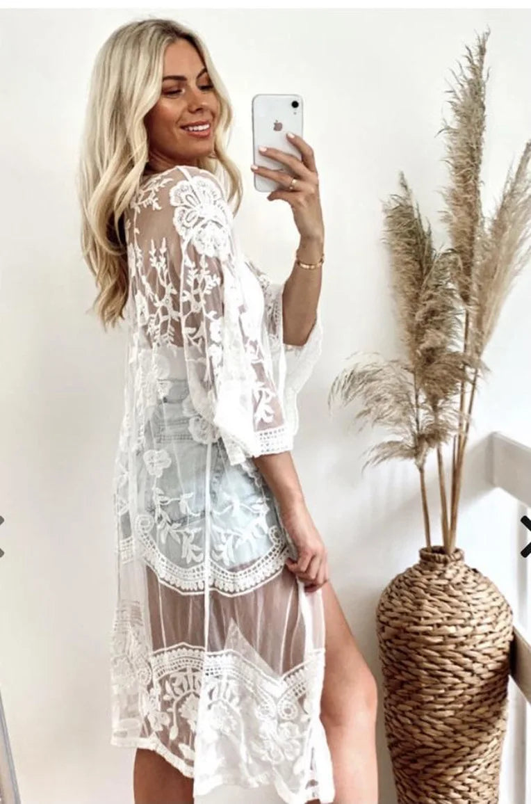 2024 Crochet White Knitted Beach Cover Up Dress Tunic Long Pareos Bikinis Cover Ups Swim Cover Up Robe Plage Beachwear