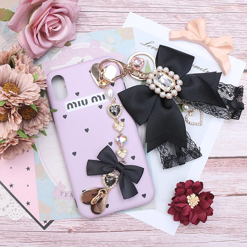 Japanese Sweet Cute Handmade Rhinestone Bow Hairpin Pearl Lace Hairclips Lolita Women Girls Side Clip Bag Pendant Handbag Charms