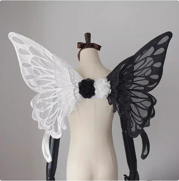 Handmade Black White Butterfly Wings Can Back Wear Lolita Mesh Back Decoration for Party Photo Props Girl Womens Butterfly Clips