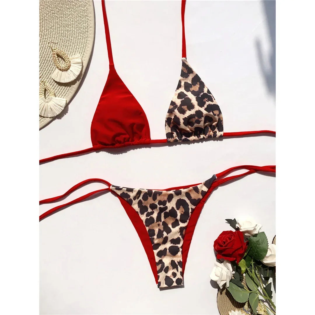 Halter Splicing Leopard Bikinis 2025 Satin Bikini Female Swimsuit Women Swimwear Two-pieces Bikini Set Micro Bathing Suit Swim
