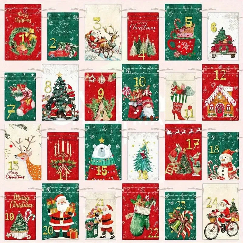 24Pcs Christmas Advent Calendar Number Bags Christmas Gift Burlap Drawstring Bags DIY Countdown Advent Calendar Set with Rope