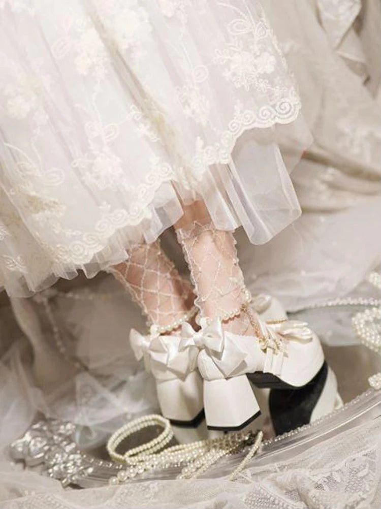 Lolita Shoes New Japanese Cute Round Head Pearl Bow Clips Leather Shoes Pumps Women Mary Jane Shoes High Heels Girls