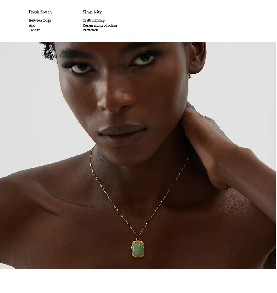 Yhpup Natural Stone Square Pendant Stainless Steel Necklace Amethyst Green Aventurine Charm Fashion Collar Jewelry  Women