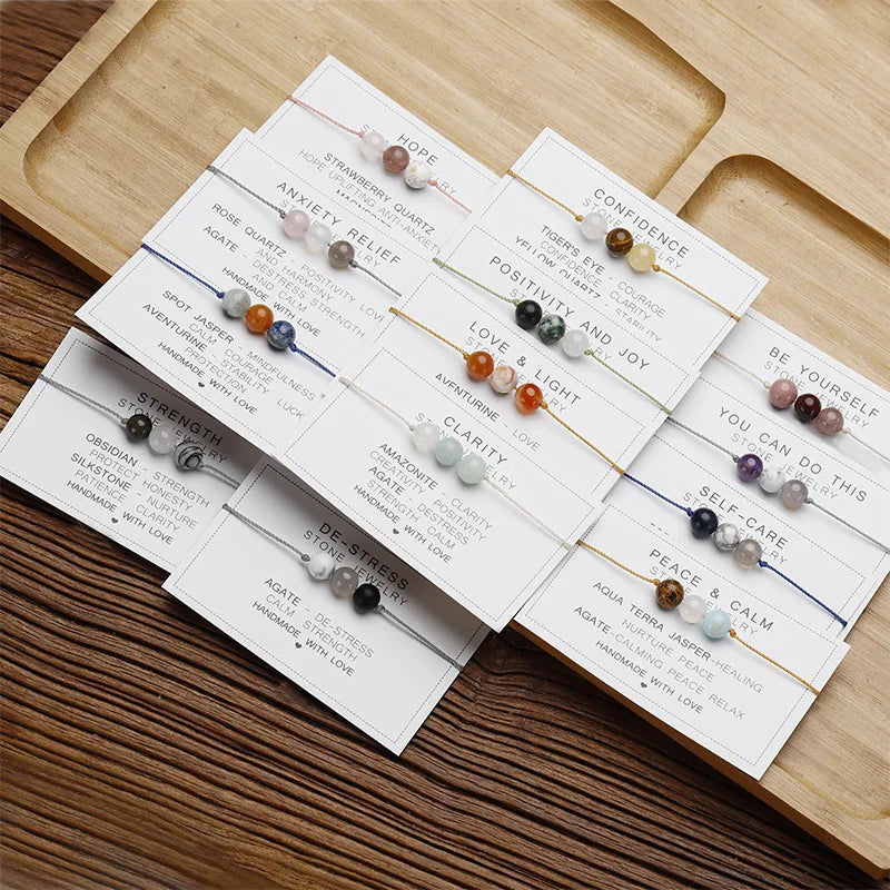 Natural Stone Crystal Round Bead Bracelet Handmade Braid Adjustable Paper Card Rope Chain Yoga Women Men Energy Healing Jewelry